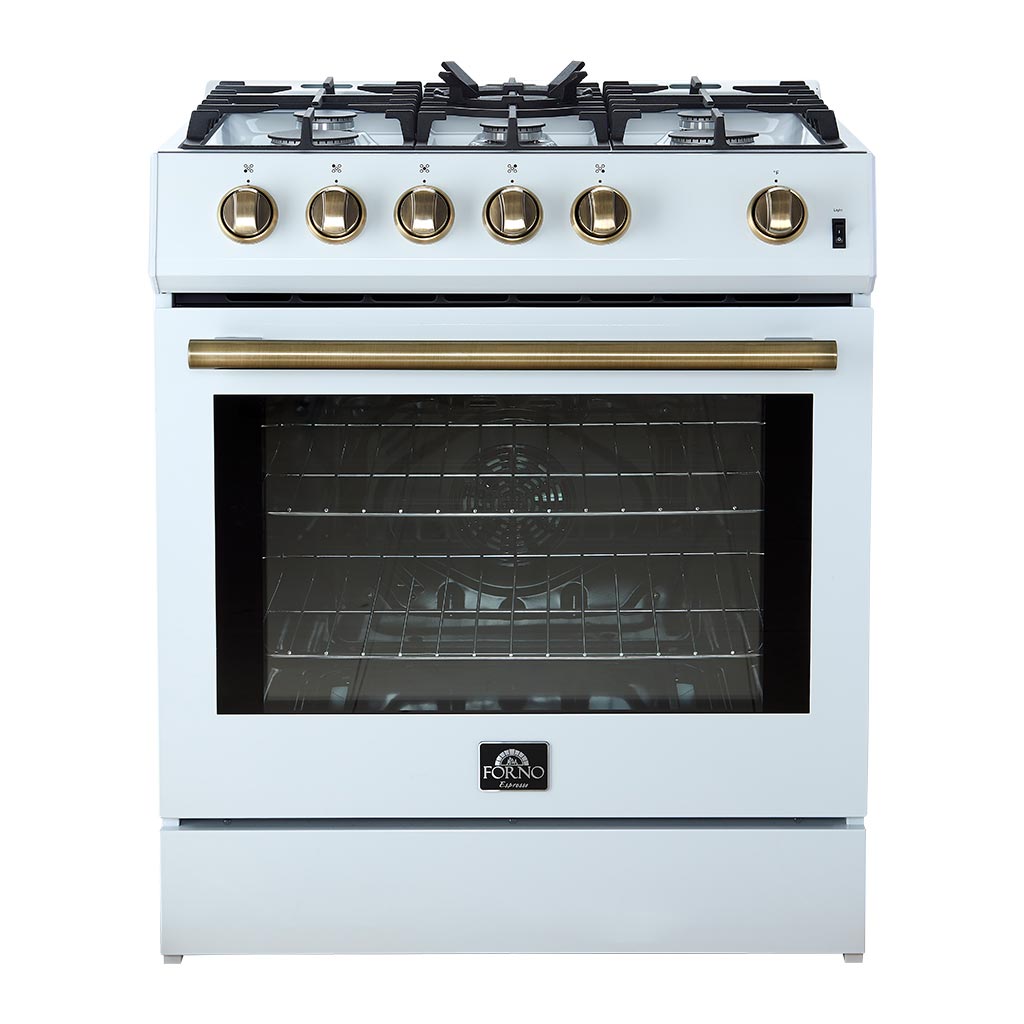 FORNO Leonardo Espresso 30 Inch White Gas Range, 5 Burners, 39500 BTU, 5 cu.ft. Convection Oven – FFSGS1116-30WHT