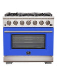 FORNO Capriasca 36-Inch Freestanding Gas Range Blue, 6 Brass Burners 120,000 BTU, 5.36 cu.ft. Convection Oven w/ Rotisserie – FFSGS6260-36BLU