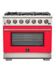 FORNO Capriasca 36-Inch Freestanding Gas Range Red, 6 Brass Burners 120,000 BTU, 5.36 cu.ft. Convection Oven w/ Rotisserie – FFSGS6260-36RED