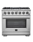 FORNO Capriasca 36-Inch Freestanding Gas Range Stainless Steel, 6 Brass Burners 120,000 BTU, 5.36 cu.ft. Convection Oven w/ Rotisserie – FFSGS6260-36