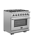 FORNO Capriasca 36-Inch Freestanding Gas Range Stainless Steel, 6 Brass Burners 120,000 BTU, 5.36 cu.ft. Convection Oven w/ Rotisserie – FFSGS6260-36